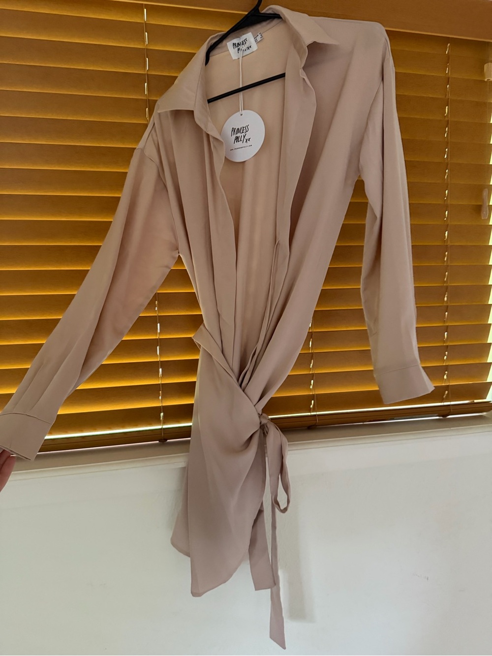 Princess Polly New w/ Tags Beige Tie-Waist Wrap Shirt Dress